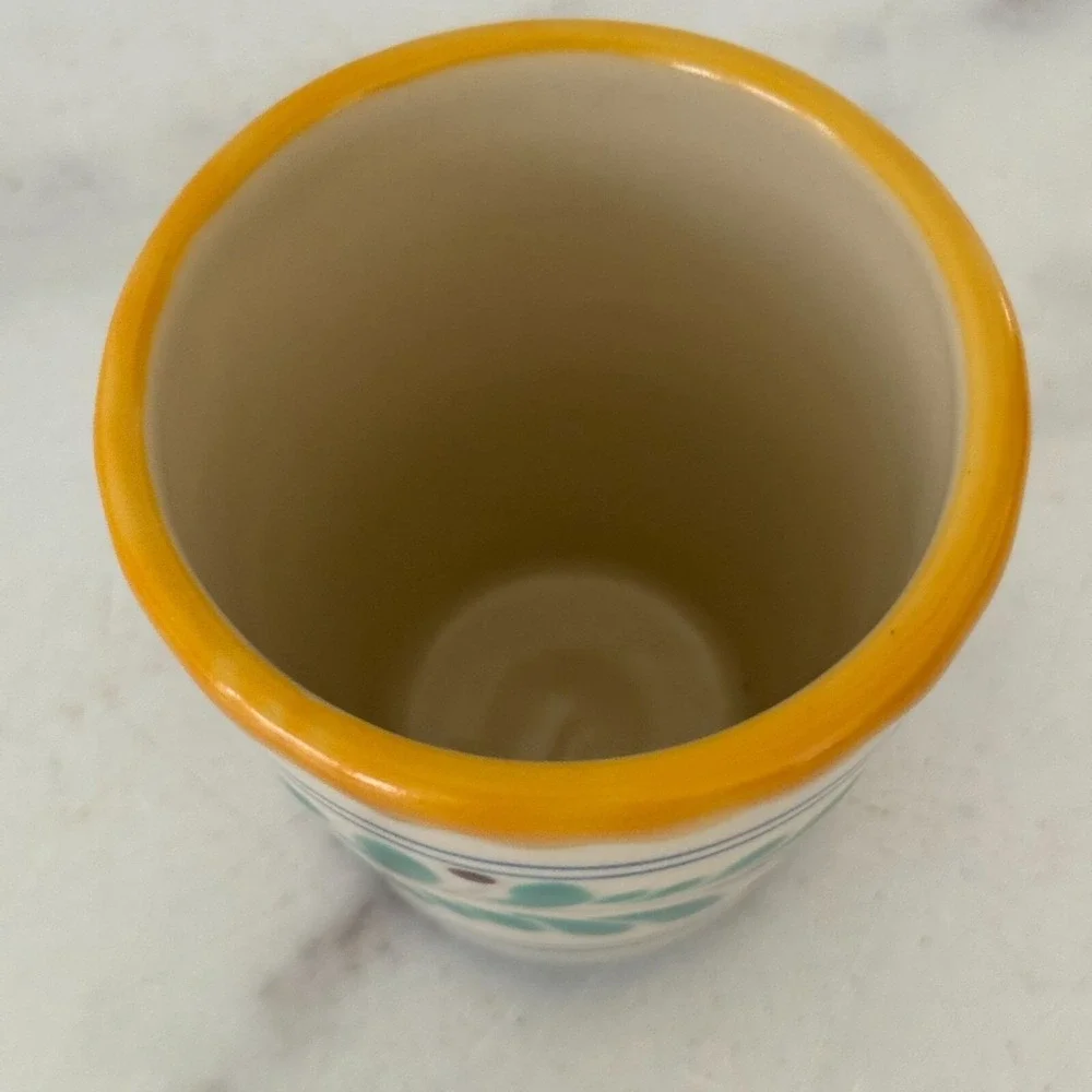 Vintage Hand-Painted Mexican Ceramic Cup With Yellow Rim & Teal Leaf Design